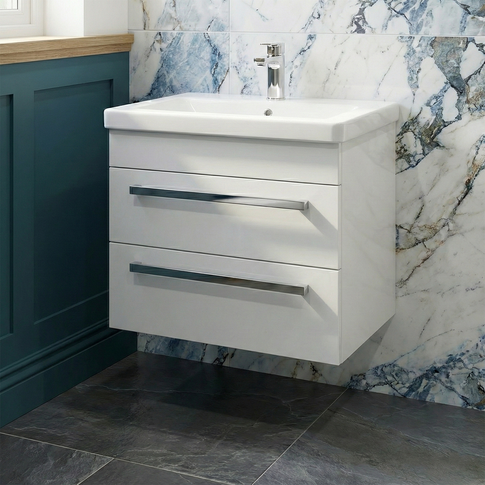 Nanuya 500mm White Wall Hung 2 Drawer Vanity Unit with Basin + Oakham Close Coupled Toilet with Soft Close Seat