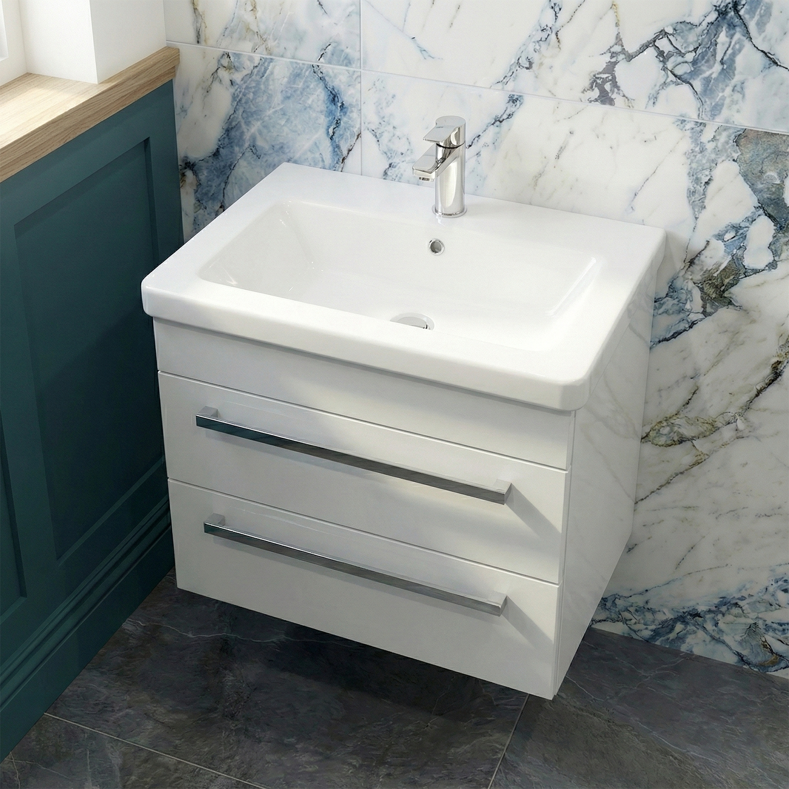 Nanuya Cloakroom 500mm White Wall Hung 2 Drawer Vanity Basin Unit & Close Coupled Toilet with Soft Close Seat
