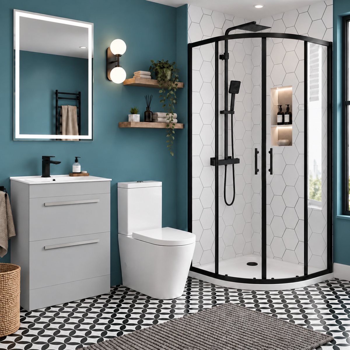 Enclosure Suite - 800mm Quadrant Screen with 600mm Matte Grey Vanity Unit & Close Coupled Toilet - Set with Matte Black Fittings