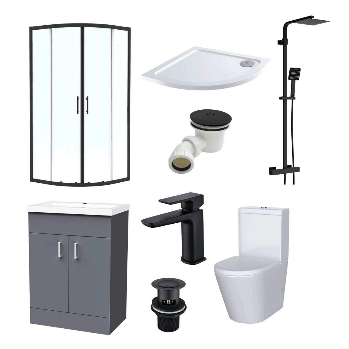 Enclosure Suite - 800mm Quadrant Shower Enclosure with 600mm Dark Grey Vanity Unit & Close Coupled Toilet - Set with Matte Black Fittings
