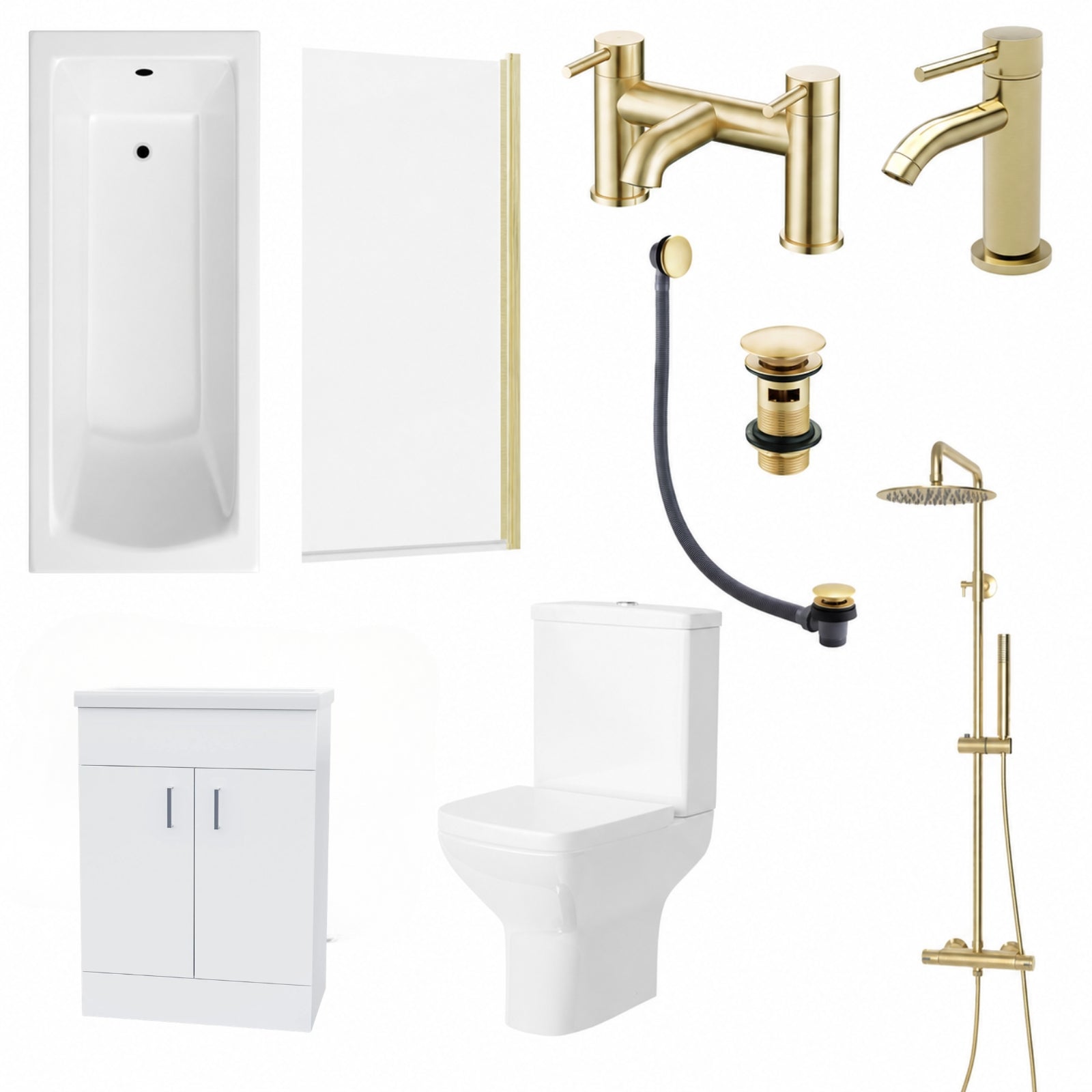 Bathroom Suite - Alaska 1400mm Square Shower Bath, 600mm Vanity Unit & Toilet Set with Brushed Brass Fittings
