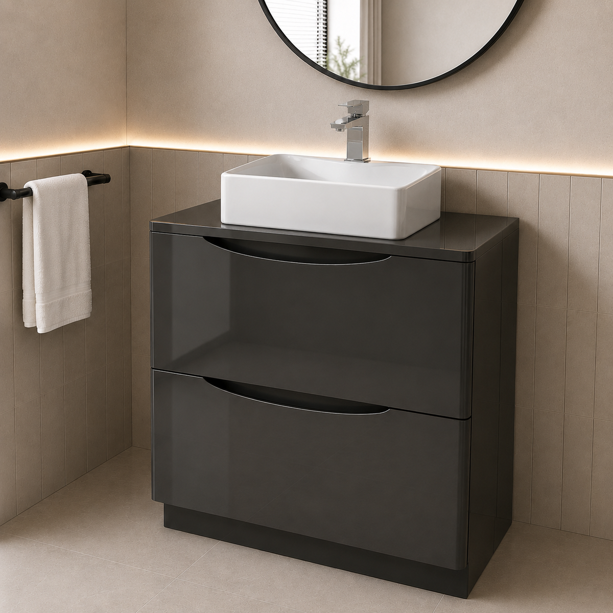 Merton Dark Grey 800mm Freestanding Countertop Vanity with 485mm Rectangle White Basin