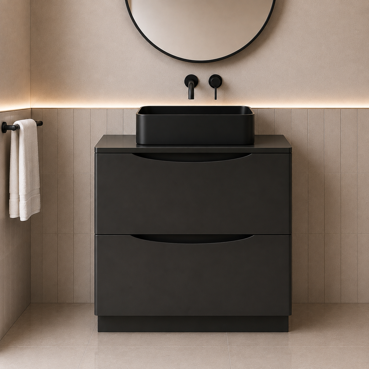 Merton Dark Grey 800mm Freestanding Countertop Vanity with 490mm Matte Black Rectangle Basin