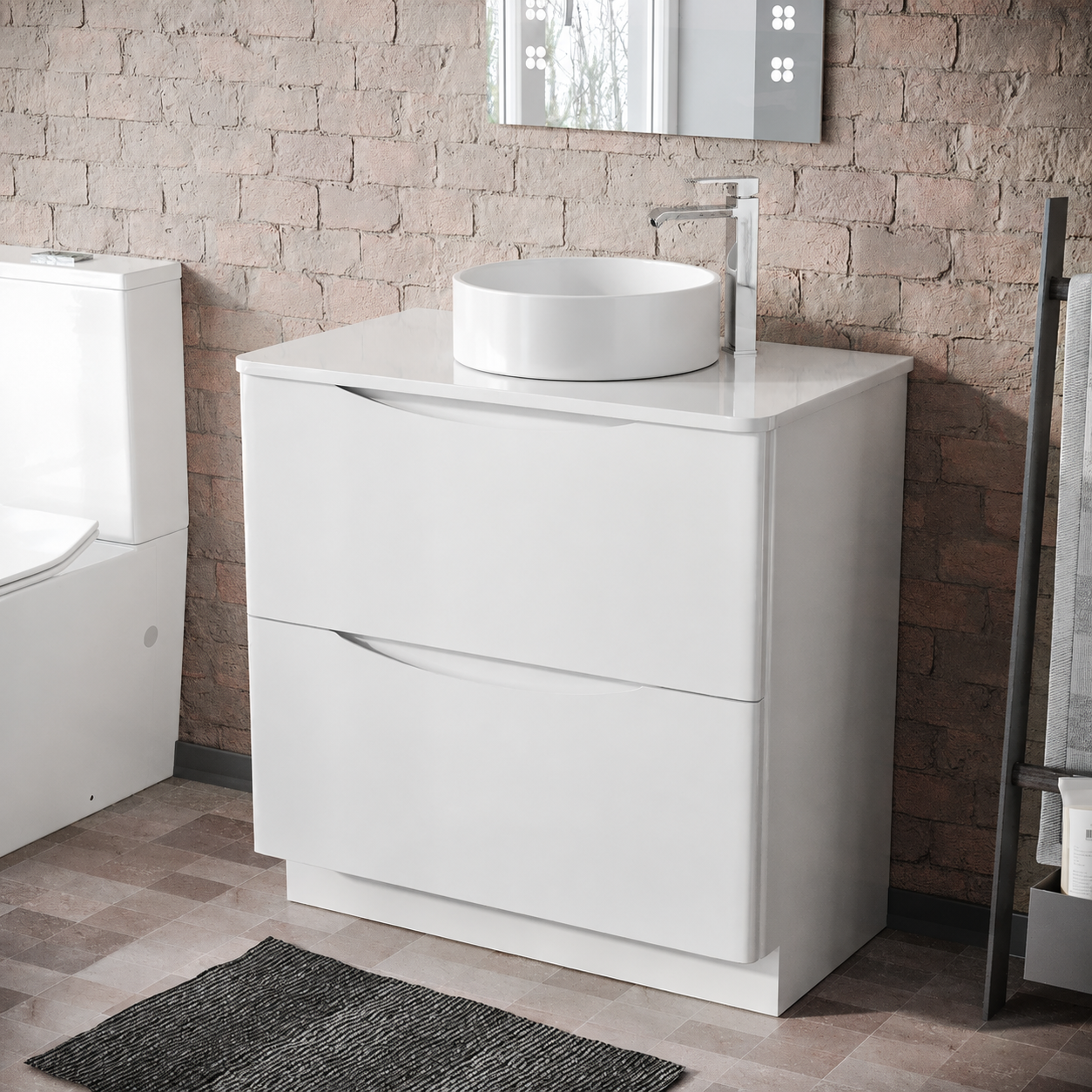 Merton 800mm Gloss White Freestanding Vanity Unit with Worktop and 360mm White Round Countertop Basin