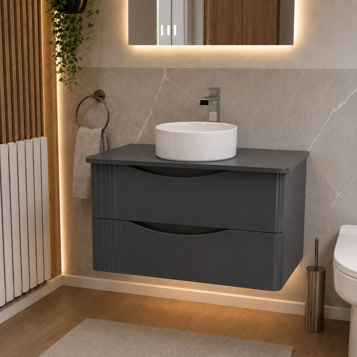 Merton Grey 800mm Wall Hung Countertop Vanity with 360mm Gloss White Round Basin