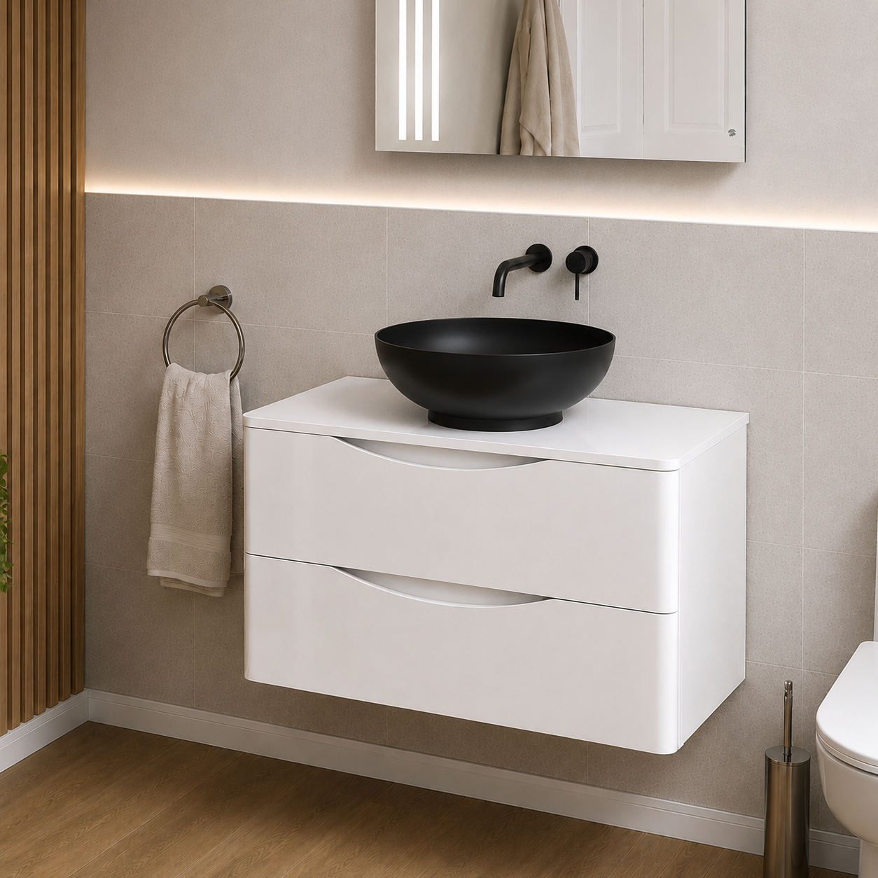 Merton 800mm White Wall Hung Vanity with Worktop and 410mm Matte Black Oval Countertop Basin