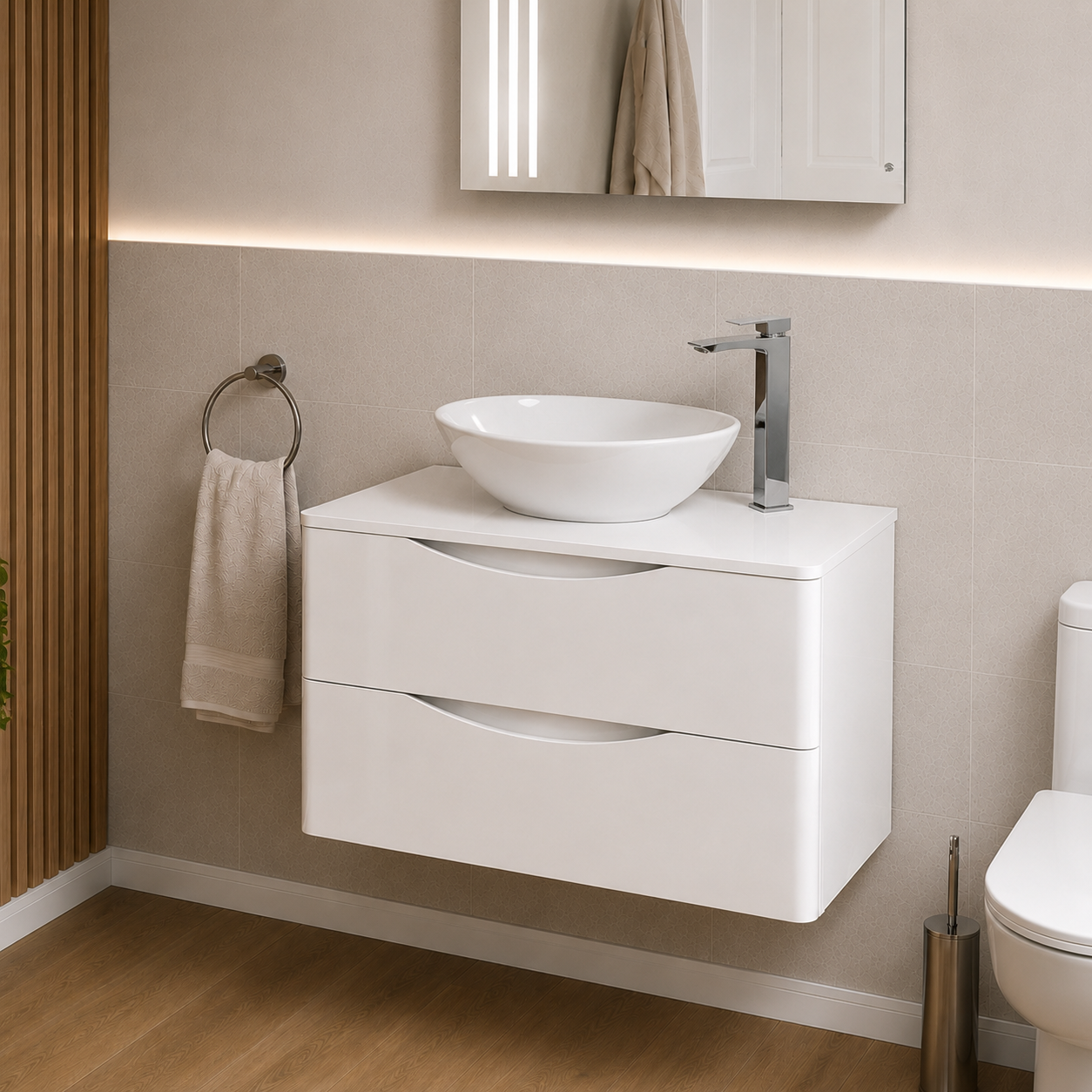 Merton 800mm White Wall Hung Vanity with Worktop and 410mm White Oval Countertop Basin