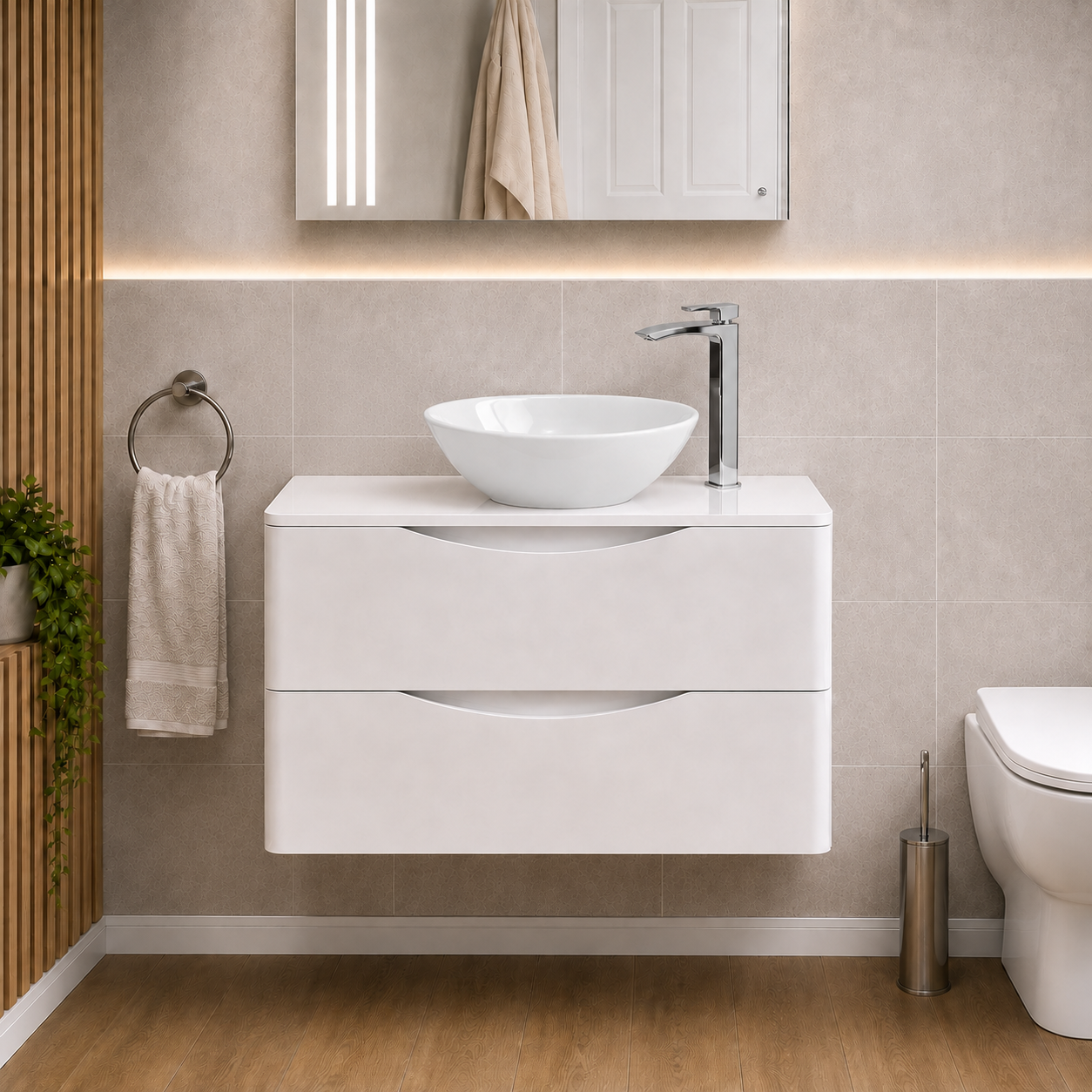 Merton 800mm White Wall Hung Vanity with Worktop and 410mm White Oval Countertop Basin