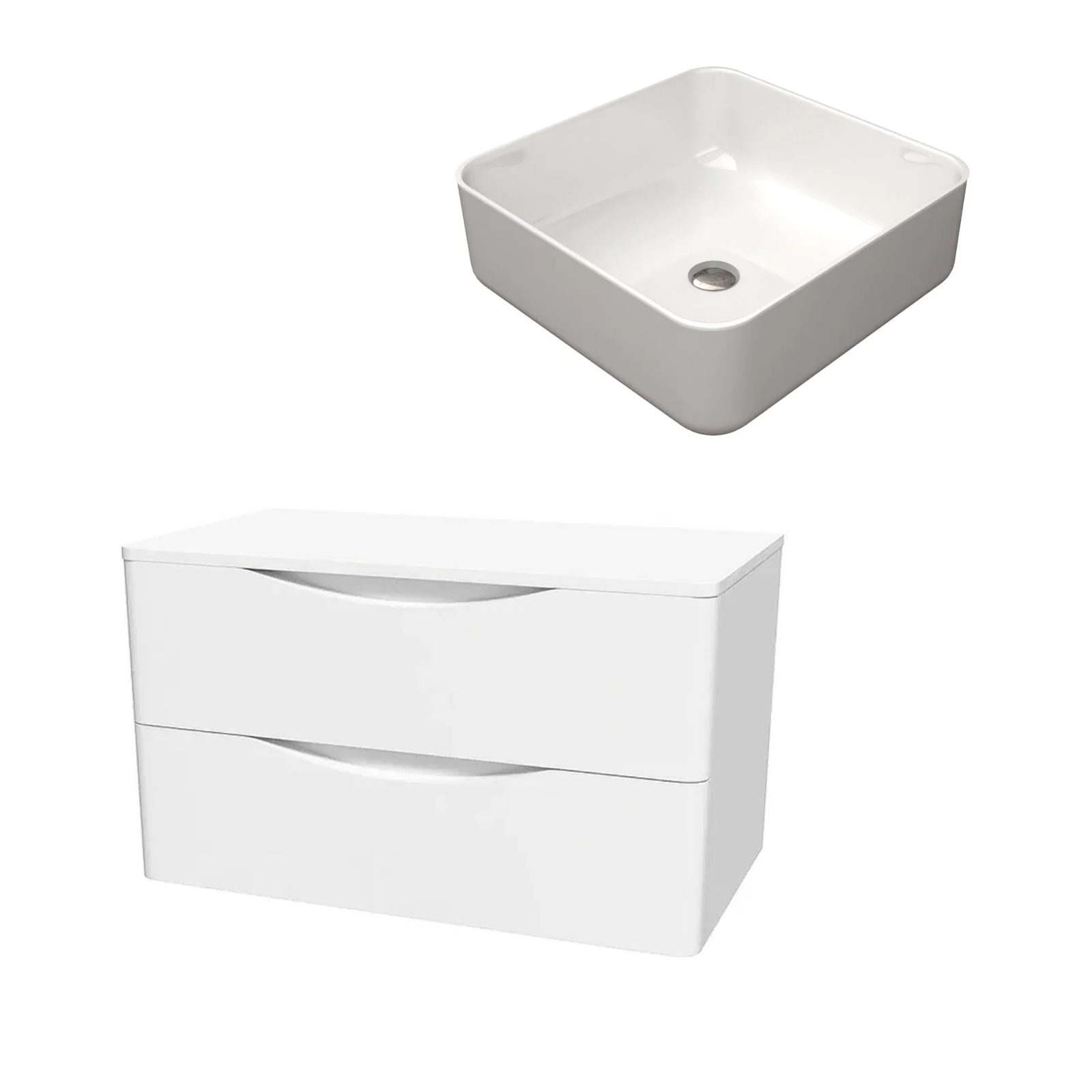 Merton 800mm White Wall Hung Vanity with Worktop and 390mm Square Gloss White Countertop Basin