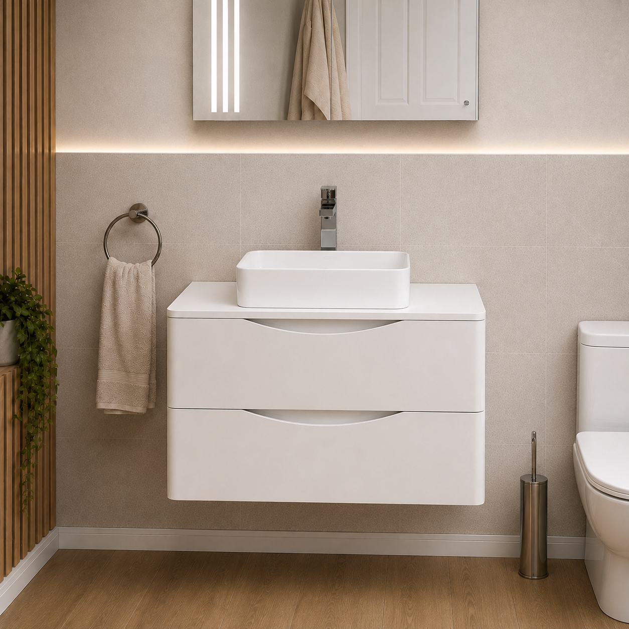 Merton 800mm White Wall Hung Vanity with Worktop and 390mm Square Gloss White Countertop Basin