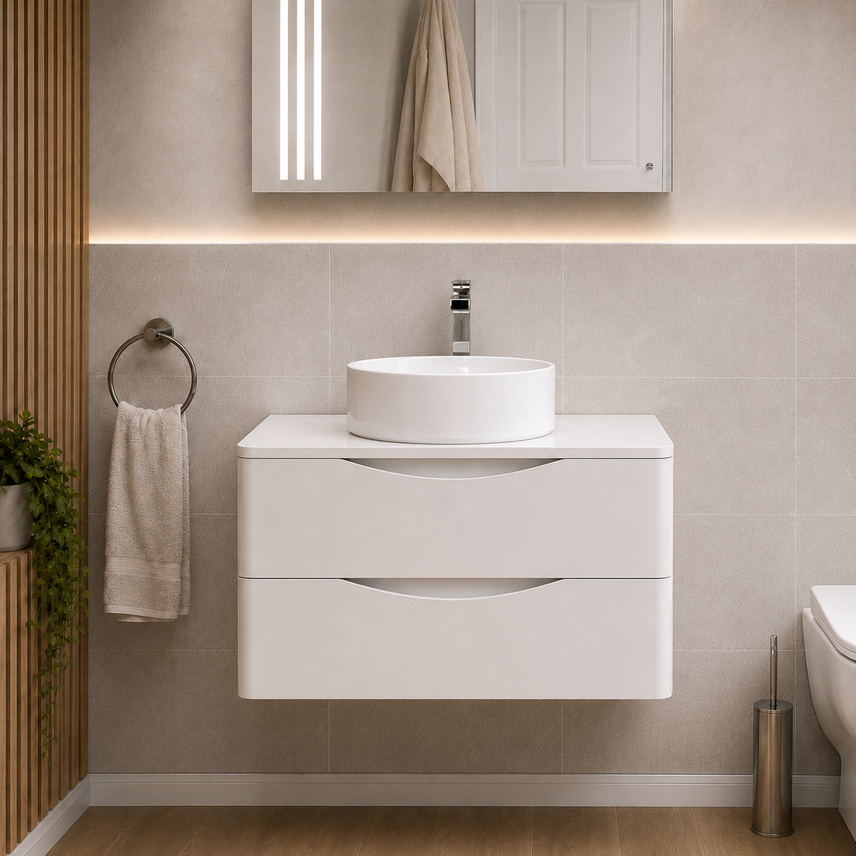 Merton 800mm White Wall Hung Vanity with Worktop and 360mm Gloss White Round Countertop Basin