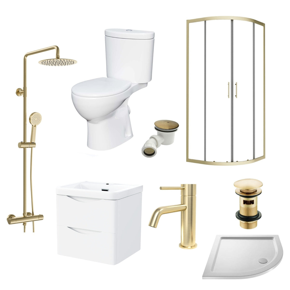 Enclosure Suite - 800mm Quadrant Screen with 600mm 2 Drawers Wall Hung Vanity Unit & Close Coupled Toilet - Set with Brushed Brass Fittings
