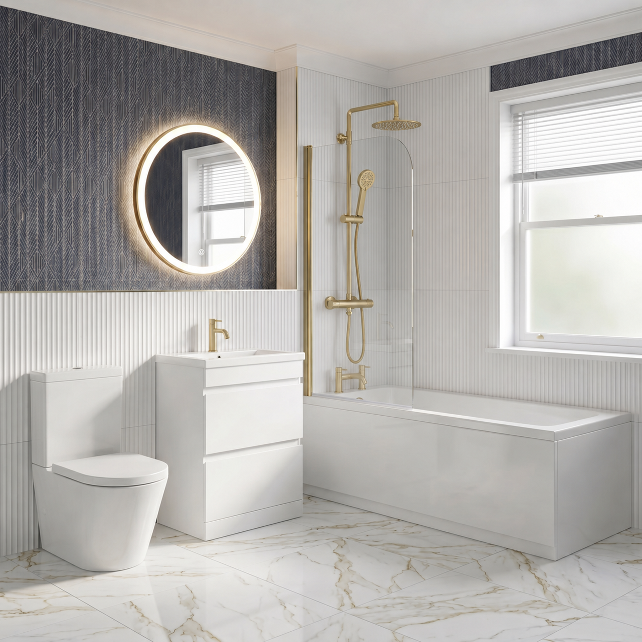 Bathroom Suite - Alaska 1400mm Square Single Ended Bath with Screen, 500mm 2 Drawers Vanity & Toilet - Set with Brushed Brass Fittings
