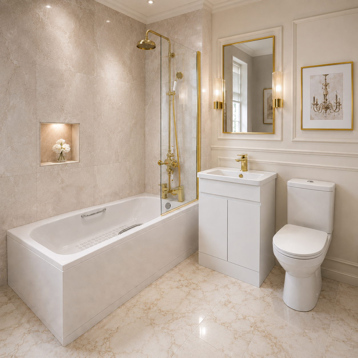 Bathroom Suite - Alaska 1700mm Steel Enamel Bathtub with Screen, 600mm Basin Vanity & Close Coupled Toilet Set with Brushed Brass Fittings