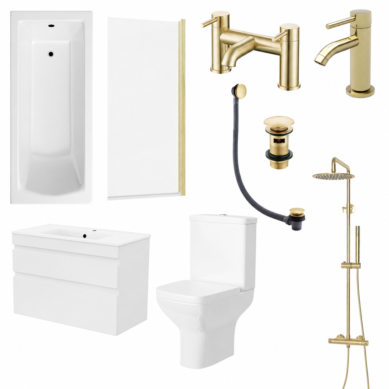 Bathroom Suite - Alaska 1700mm Square Shower Bath, 800mm Wall Hung 2 Drawers Vanity Unit & Toilet Set with Brushed Brass Fittings
