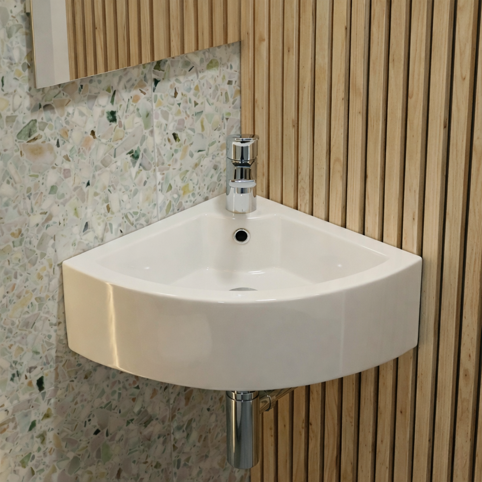Tulla 670 x 470mm Cloakroom Quarter Circle Corner Basin & Theo Rimless Toilet & Chrome Basin Tap & Waste Set
