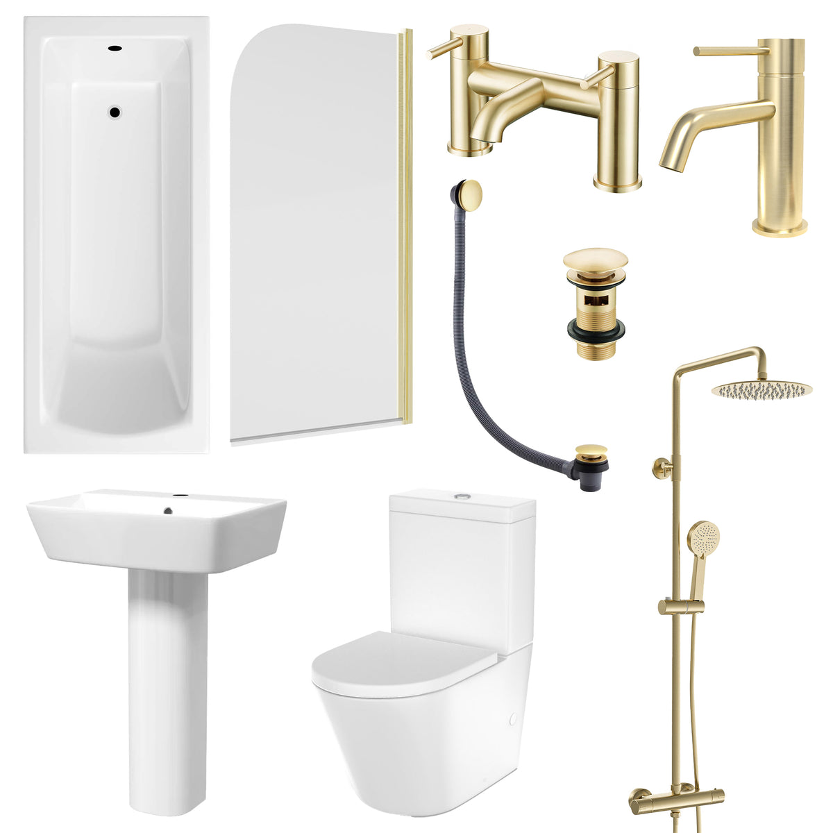 Bathroom Suite - 1700mm Round Shower Bath, 560mm Square Pedestal Basin & Toilet Set with Brushed Brass Fittings