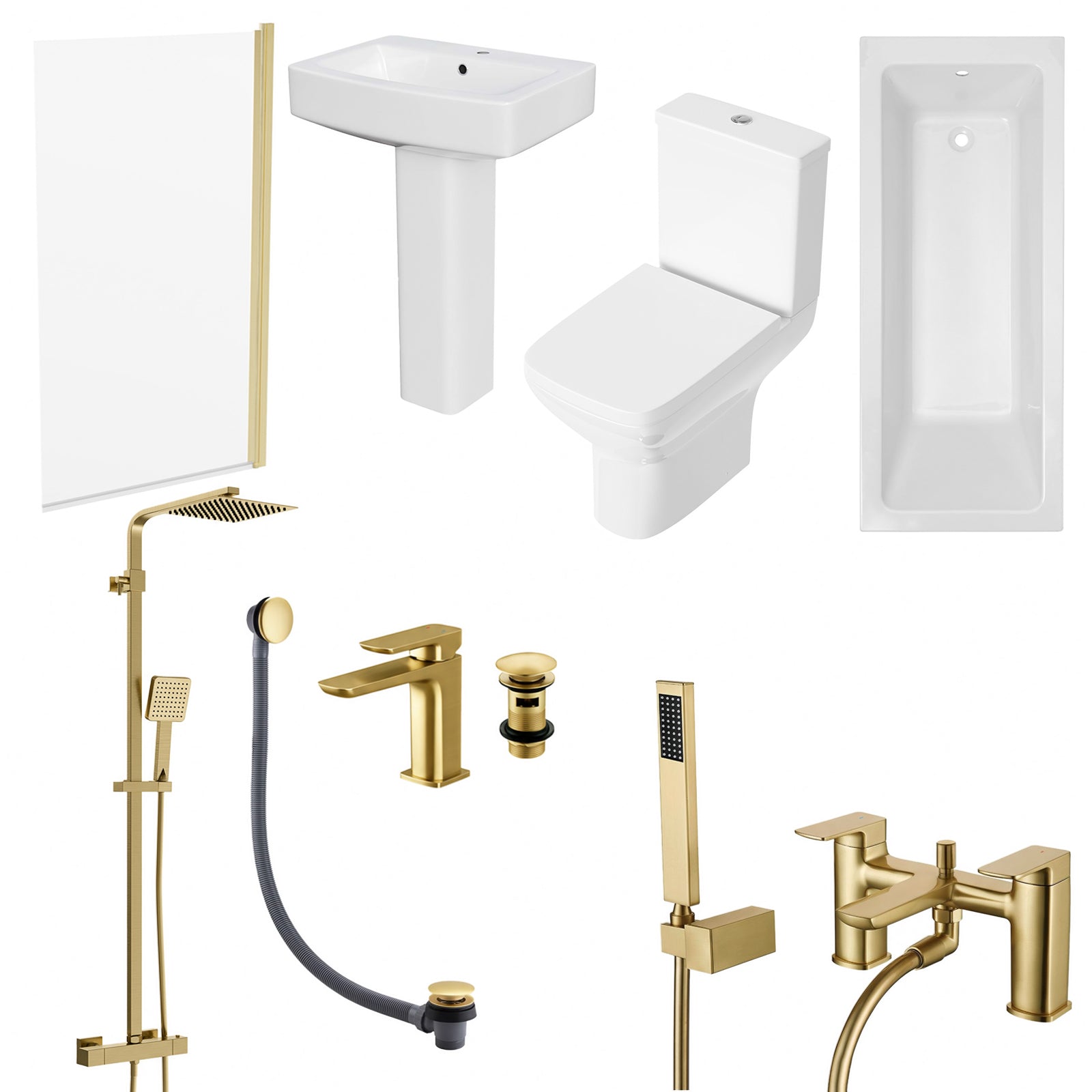 Bathroom Suite - Kelly 1700mm Square Shower Bath with Screen, 560mm Square Pedestal Basin & Toilet - Set with Brushed Brass Fittings