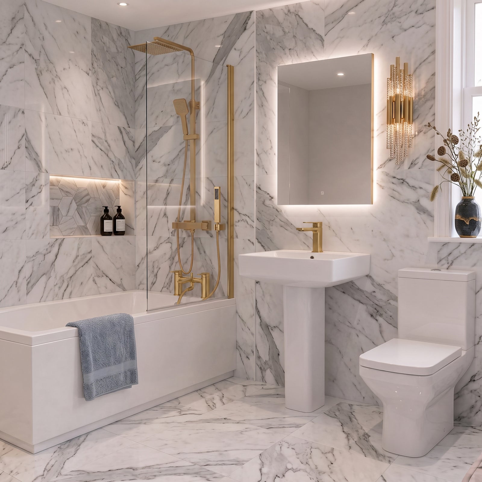 Bathroom Suite - Kelly 1700mm Square Shower Bath with Screen, 560mm Square Pedestal Basin & Toilet - Set with Brushed Brass Fittings