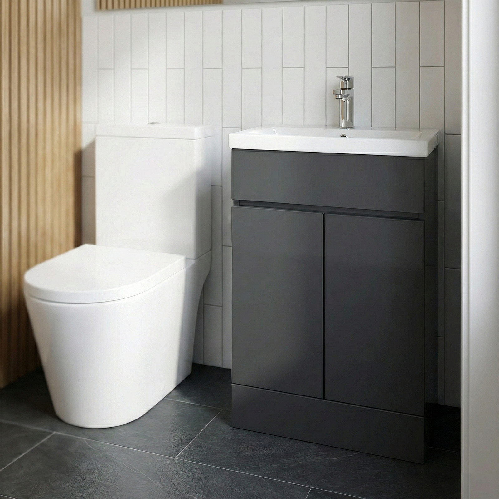 Alaska Cloakroom 500mm Dark Grey Freestanding PVC Vanity Basin Unit & Close Coupled Toilet with Soft Close Seat