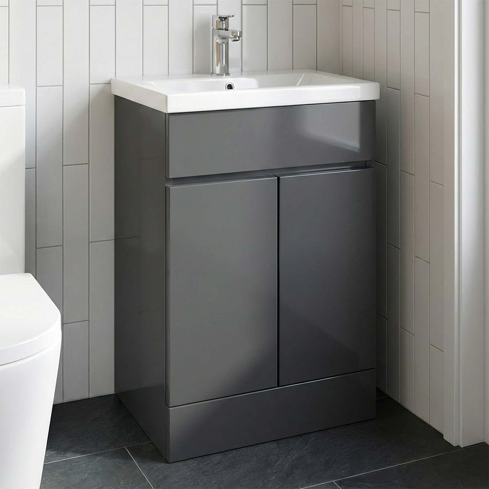 Alaska 500mm Dark Grey Freestanding PVC Vanity Unit with Basin + Oakham Close Coupled Toilet with Soft Close Seat
