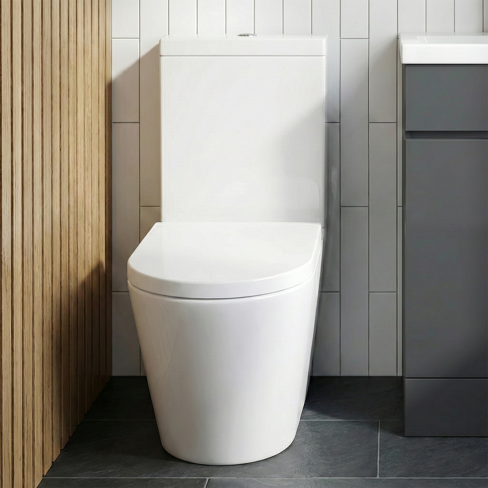 Alaska 500mm Dark Grey Freestanding PVC Vanity Unit with Basin + Oakham Close Coupled Toilet with Soft Close Seat