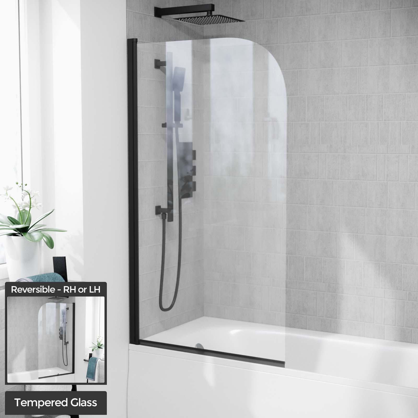 Bentley 800mm Curved Bath Screen Matt Black Profile Clear Glass Reversible