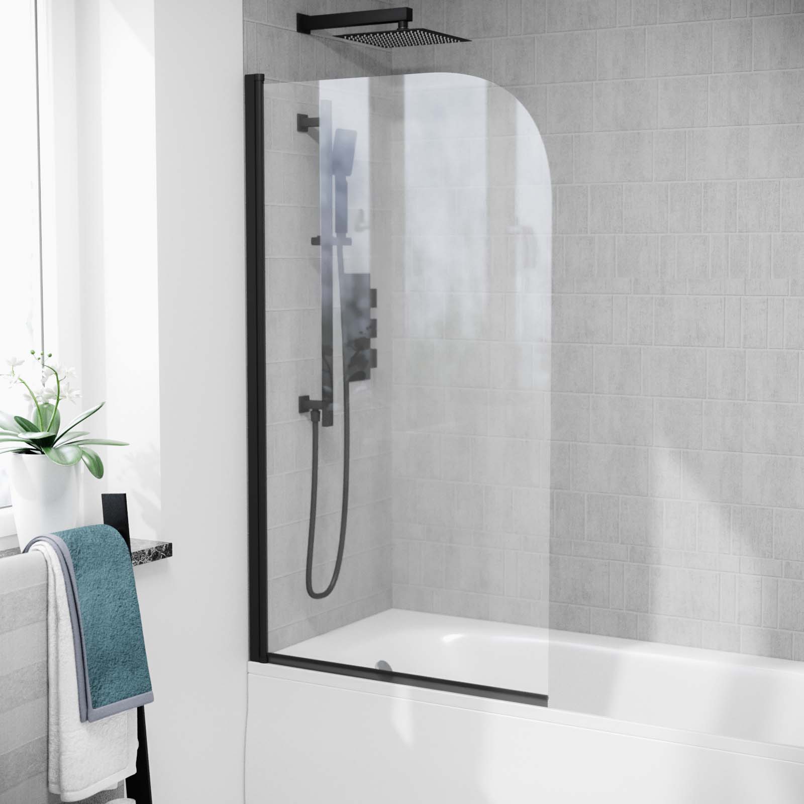 Bentley 800mm Curved Bath Screen Matt Black Profile Clear Glass Reversible