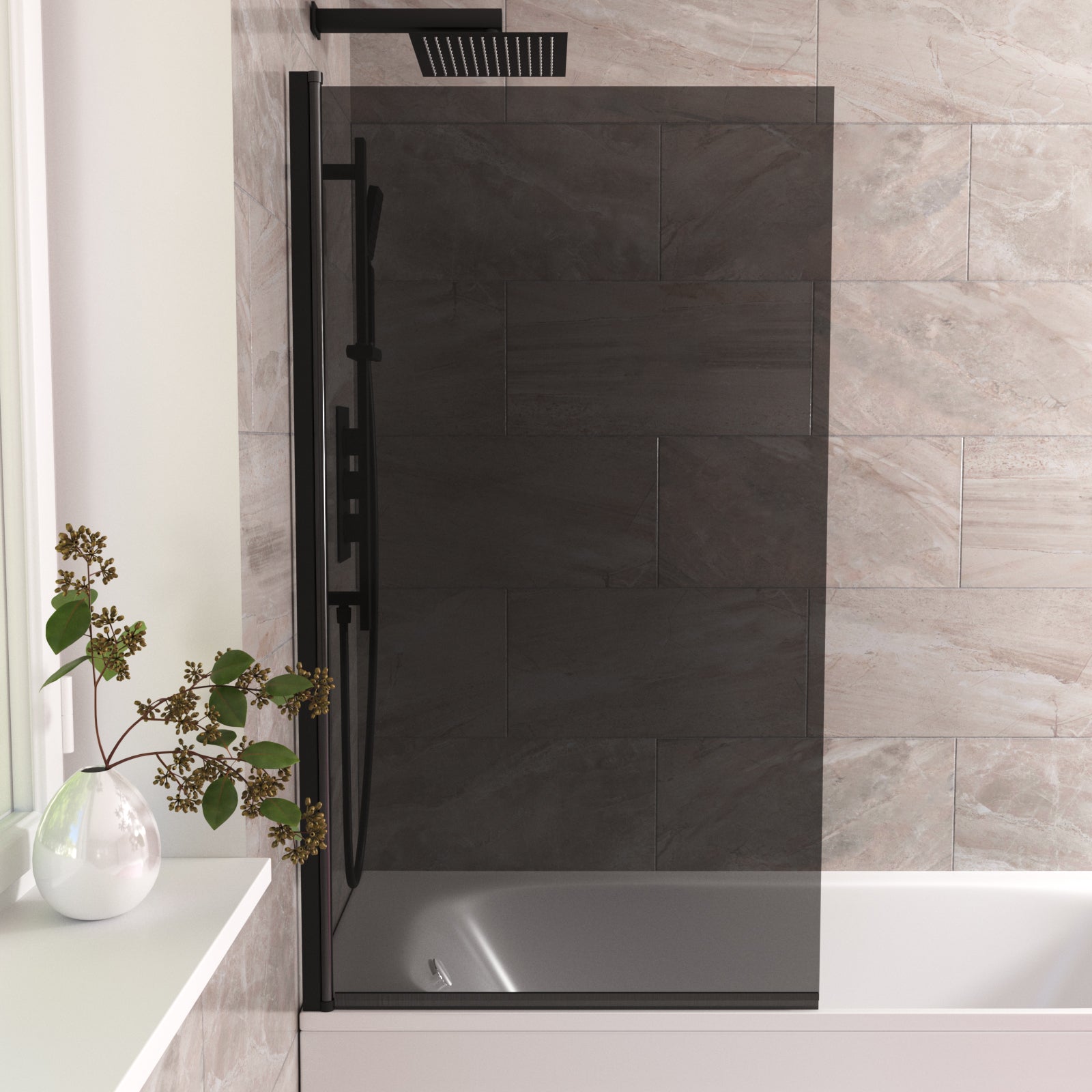 800mm Square Bath Screen Black Profile Tinted Black Glass Reversible