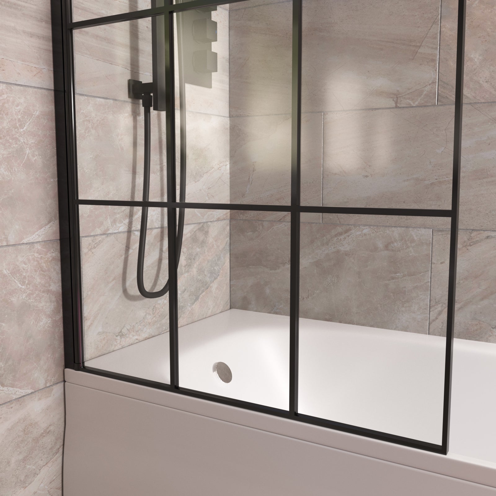 Bath Screen 800mm Matte Black Framed With Grid Glass Reversible