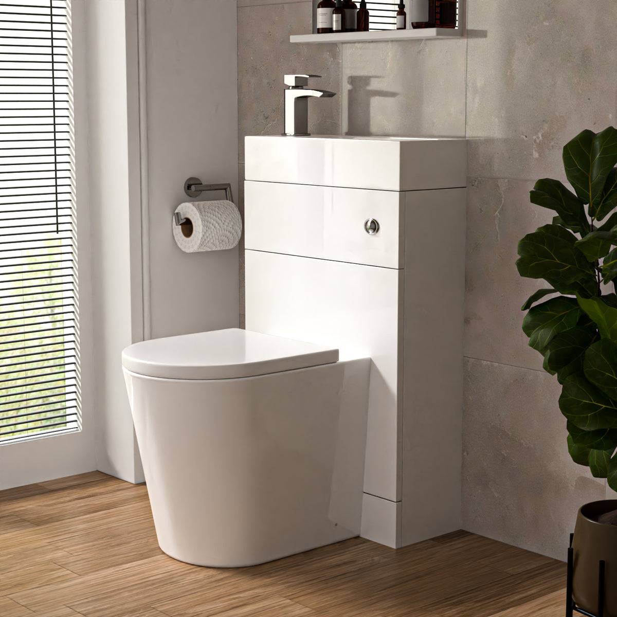 Eslo Compact Modern 2-in-1 Back to Wall Toilet and WC Unit Combined Basin - Gloss White