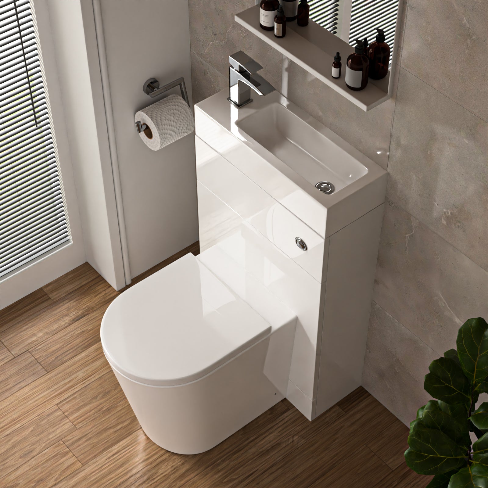 Eslo Compact Modern 2-in-1 Back to Wall Toilet and WC Unit Combined Basin - Gloss White