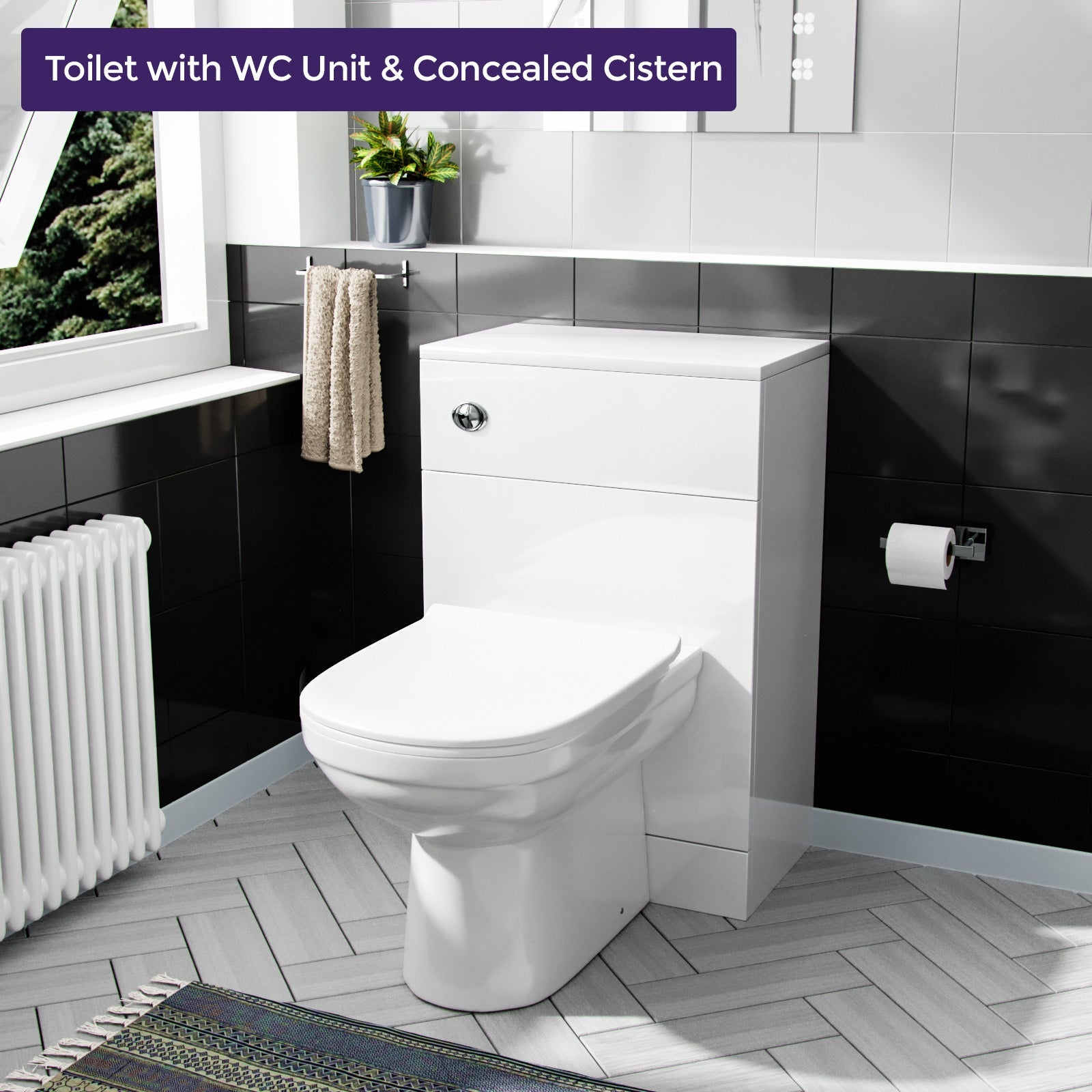Vincent 500mm Floor Standing Gloss White WC Unit, BTW Toilet & Concealed Cistern