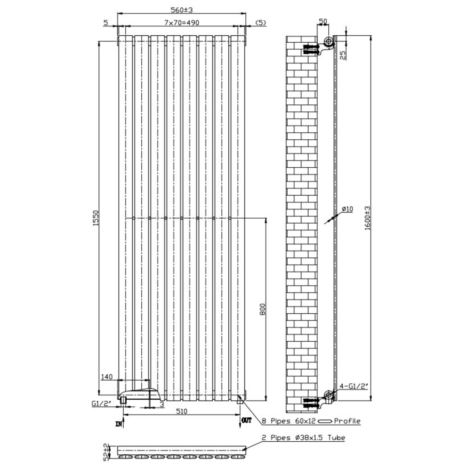 Technical drawing of a vertical radiator with dimensions