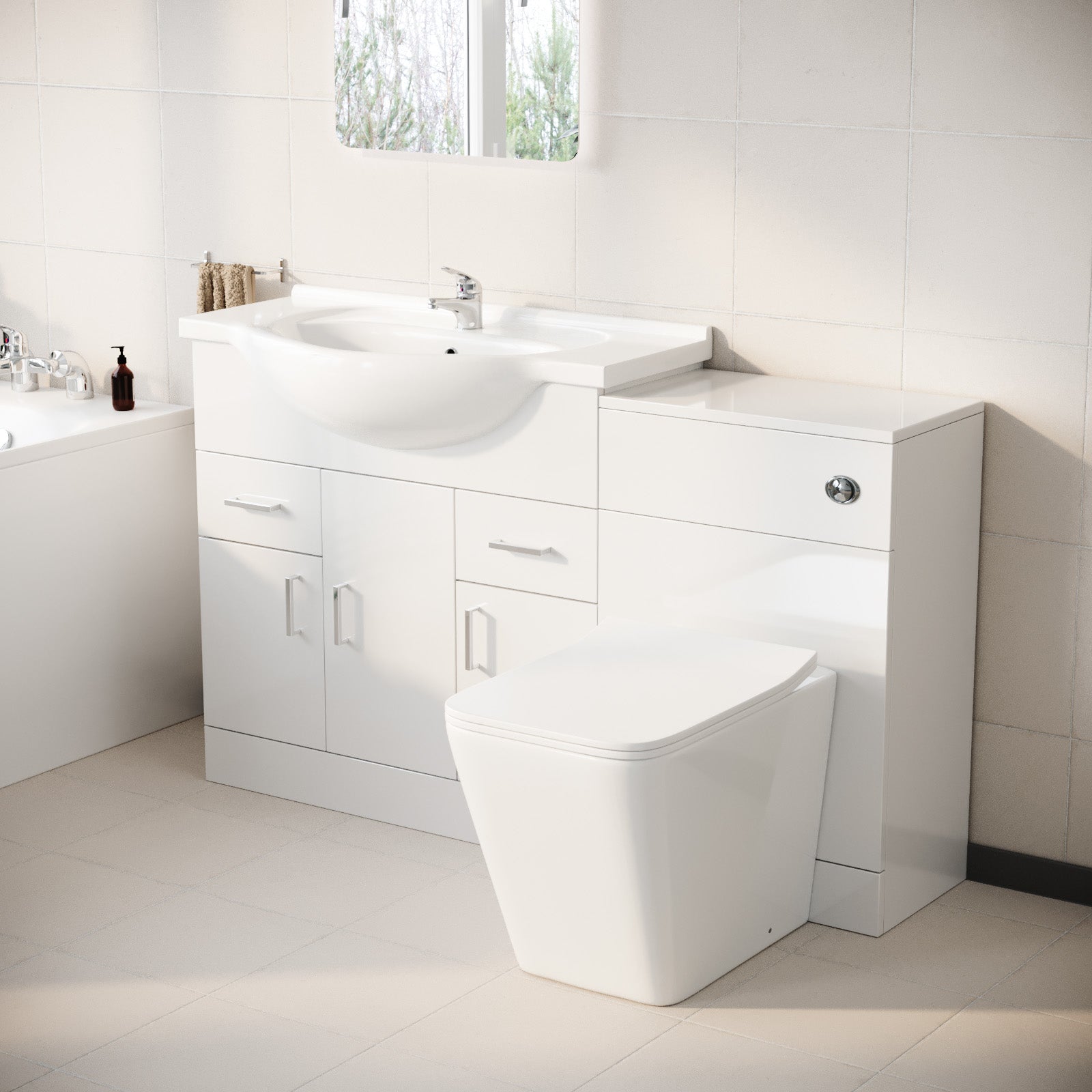 Ellen 1350mm Floor Standing White Cabinet WC Unit & Square BTW Toilet
