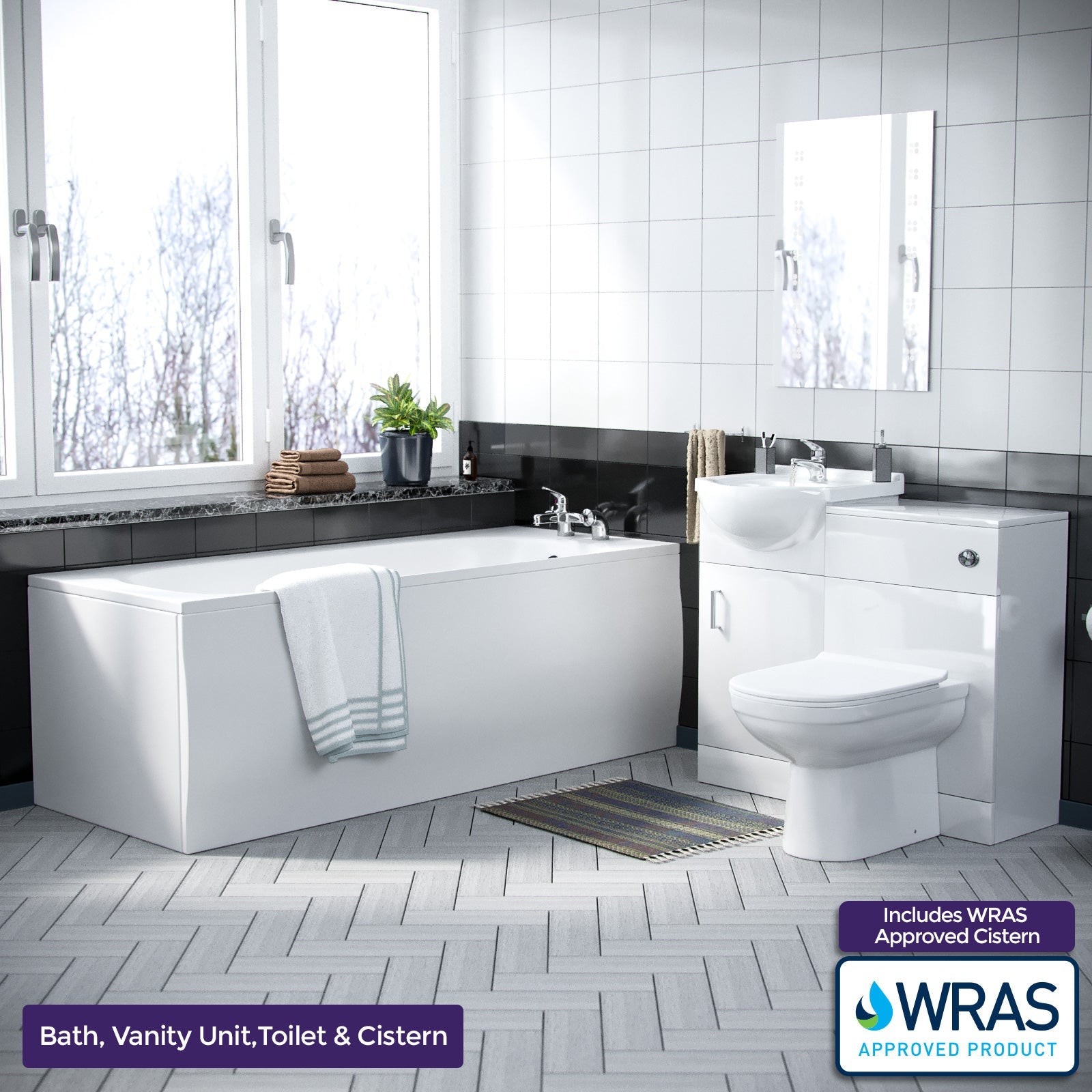 Ellen 1700mm Bath, 450mm Vanity Basin , WC Unit & Back To Wall Toilet