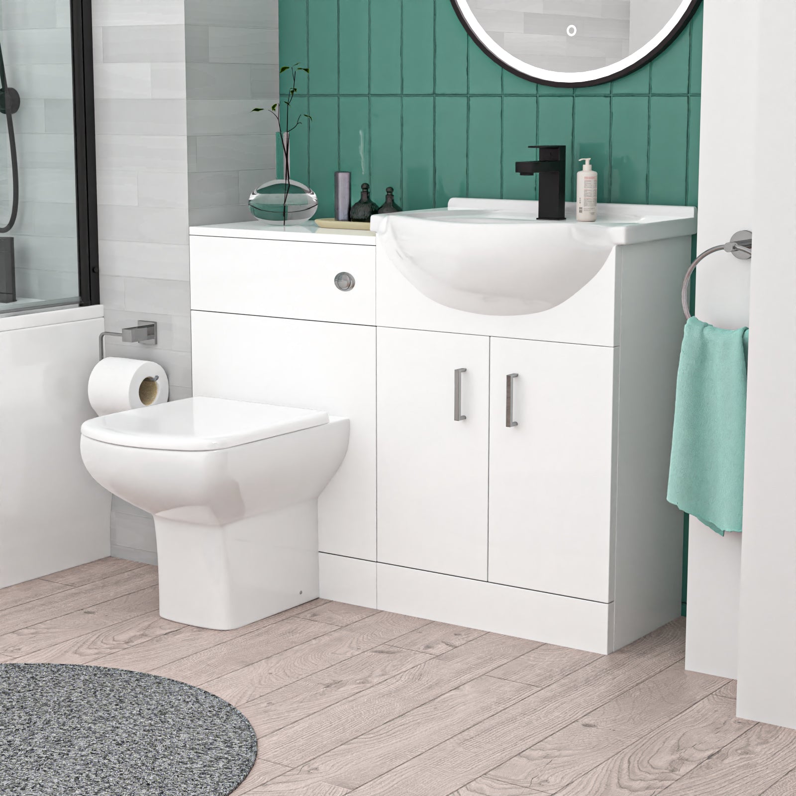 Ellen 1000mm White Basin Vanity, WC Unit & White Rimless BTW Toilet