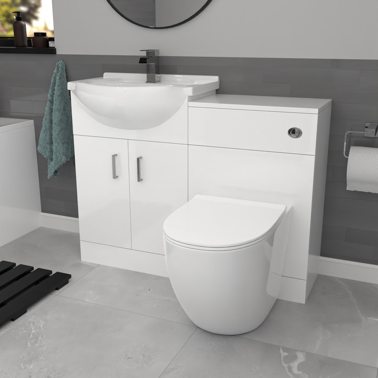 Ellen White Basin Vanity With WC Unit, Rimless BTW Toilet & 1700mm Bath Suite