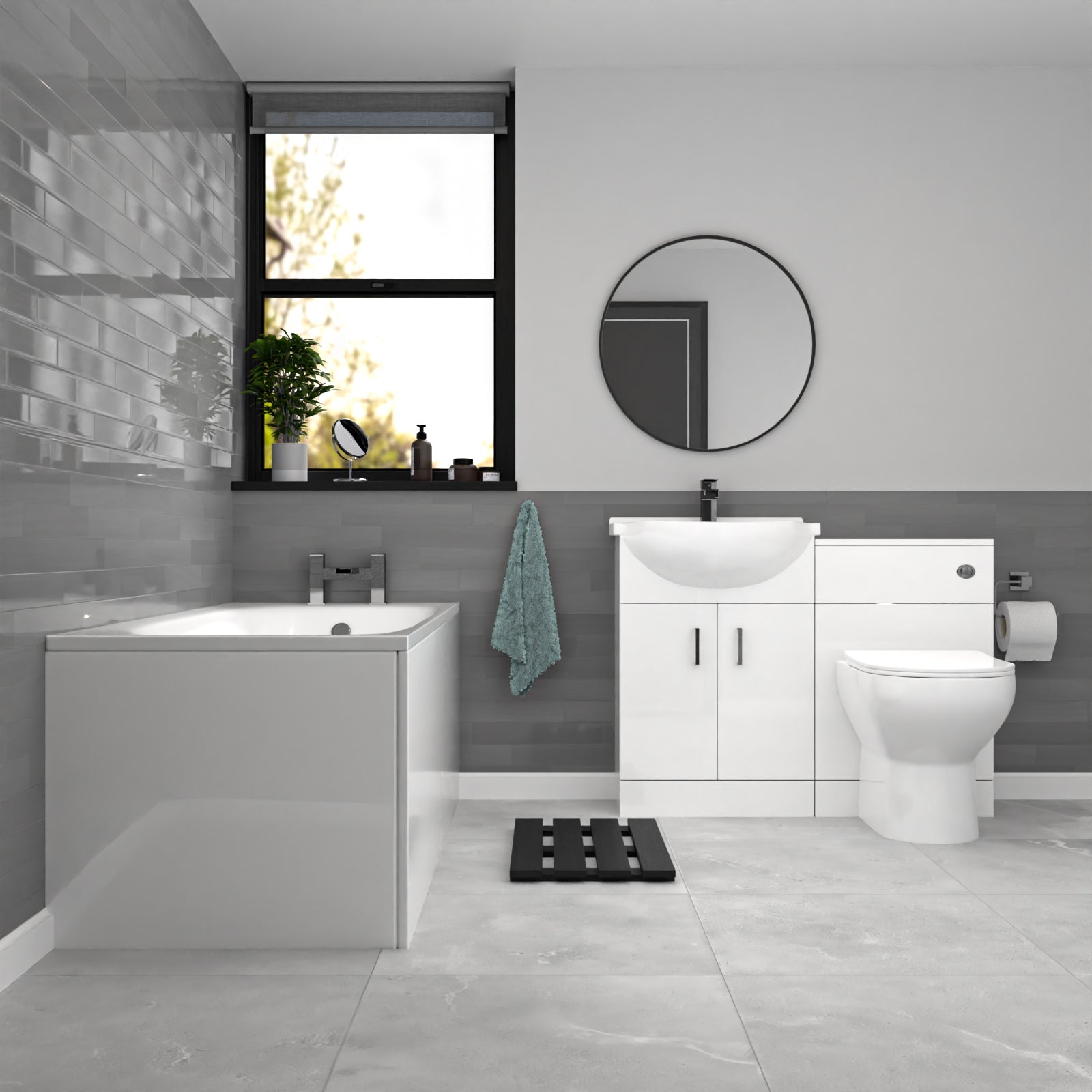 Modern bathroom with gray walls, white fixtures