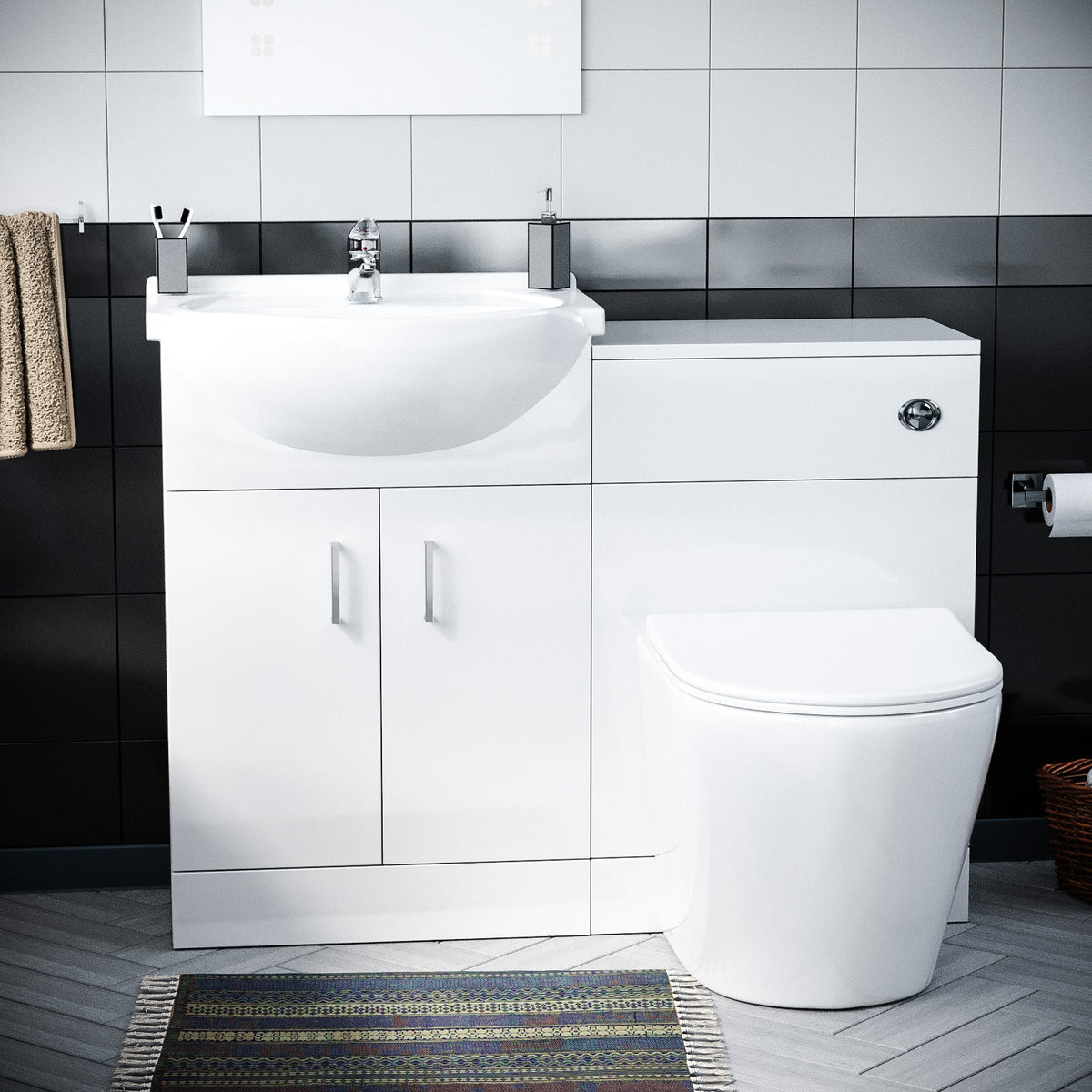 Ellen 1500mm Bath with Front Panel, 550mm Basin Vanity Cabinet with WC Unit & BTW Toilet