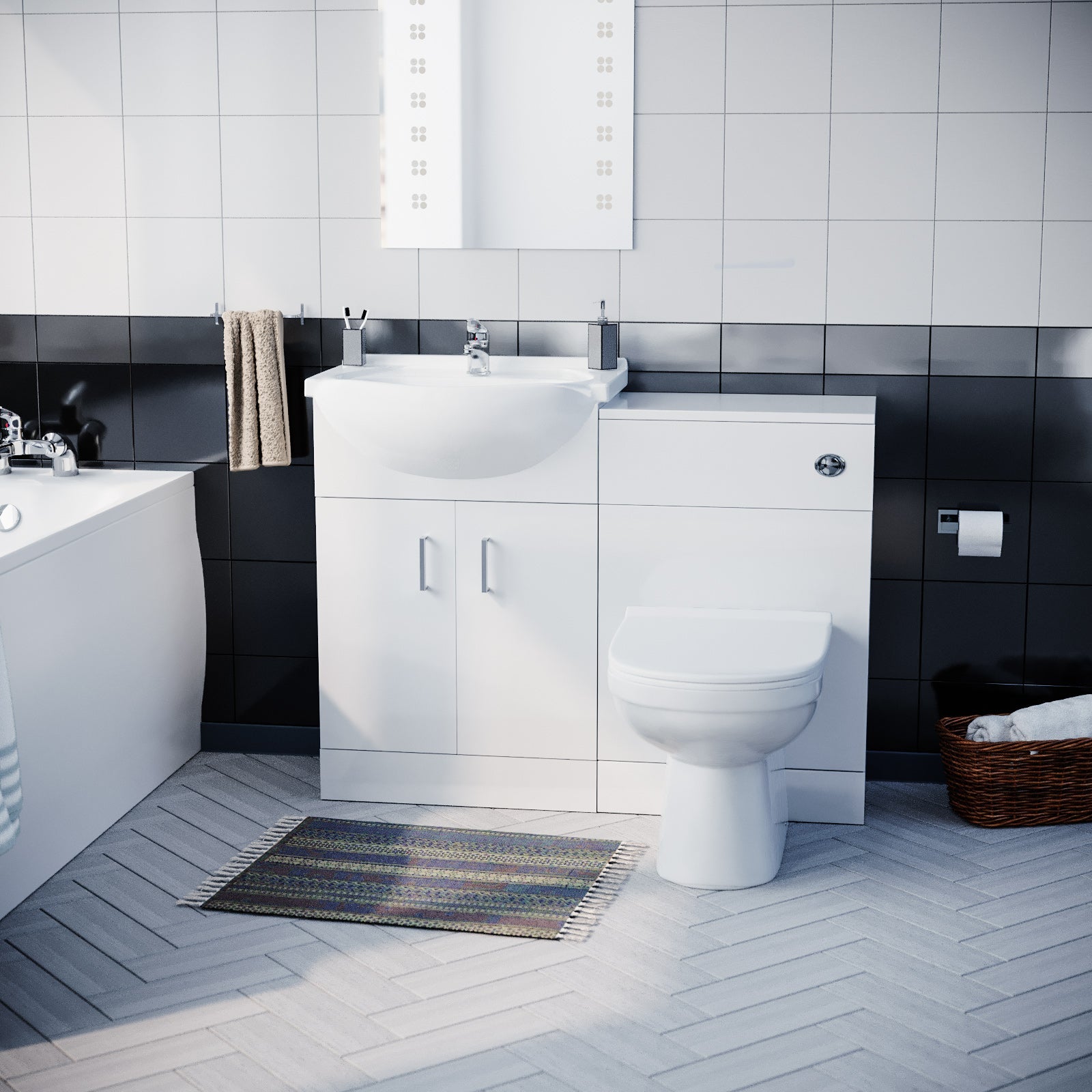 Ellen Suite, Bath, BTW Toilet, 550mm Basin Flat Pack Vanity Unit & WC Unit 3 Piece Bathroom Suite White