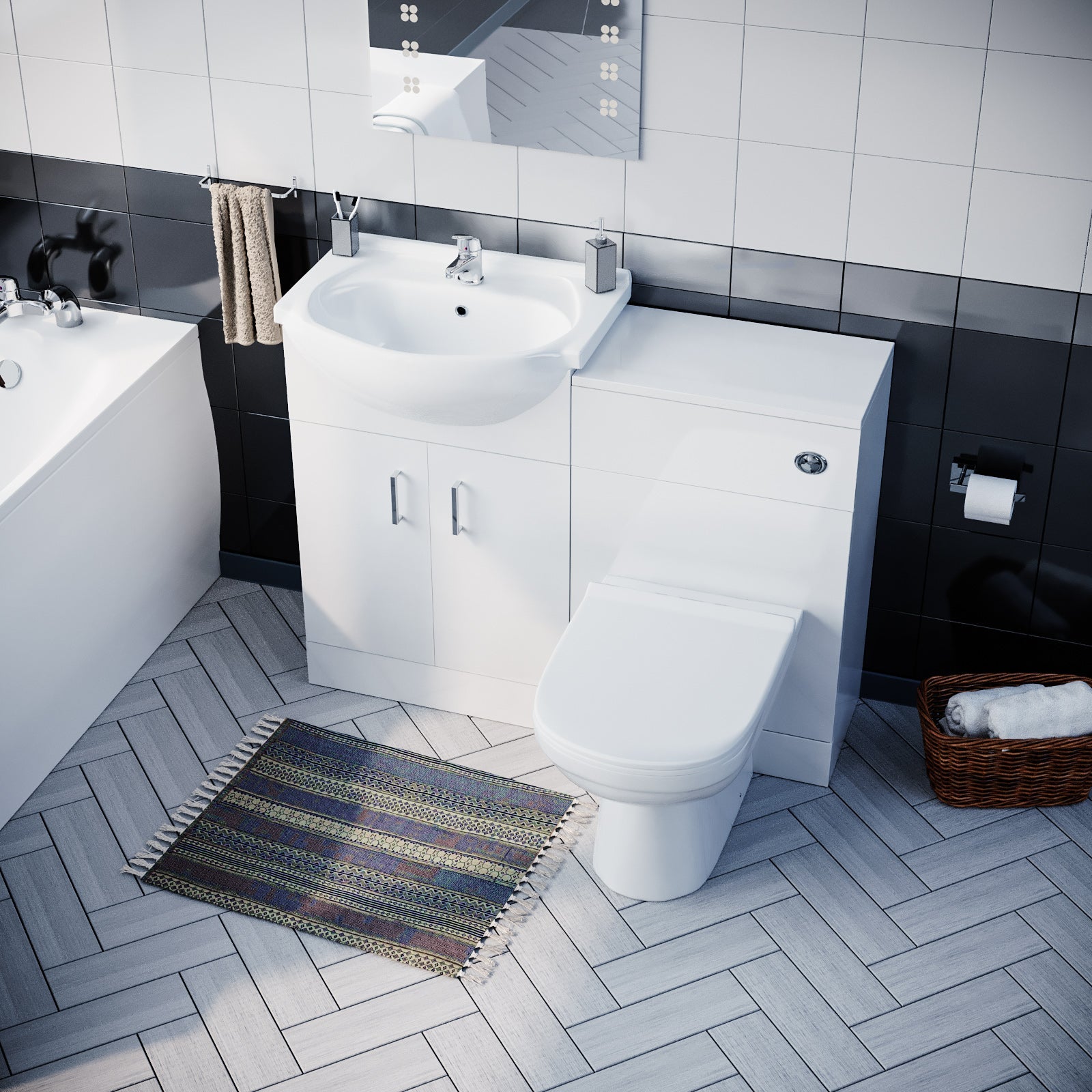 Ellen Suite, Bath, BTW Toilet, 550mm Basin Flat Pack Vanity Unit & WC Unit 3 Piece Bathroom Suite White