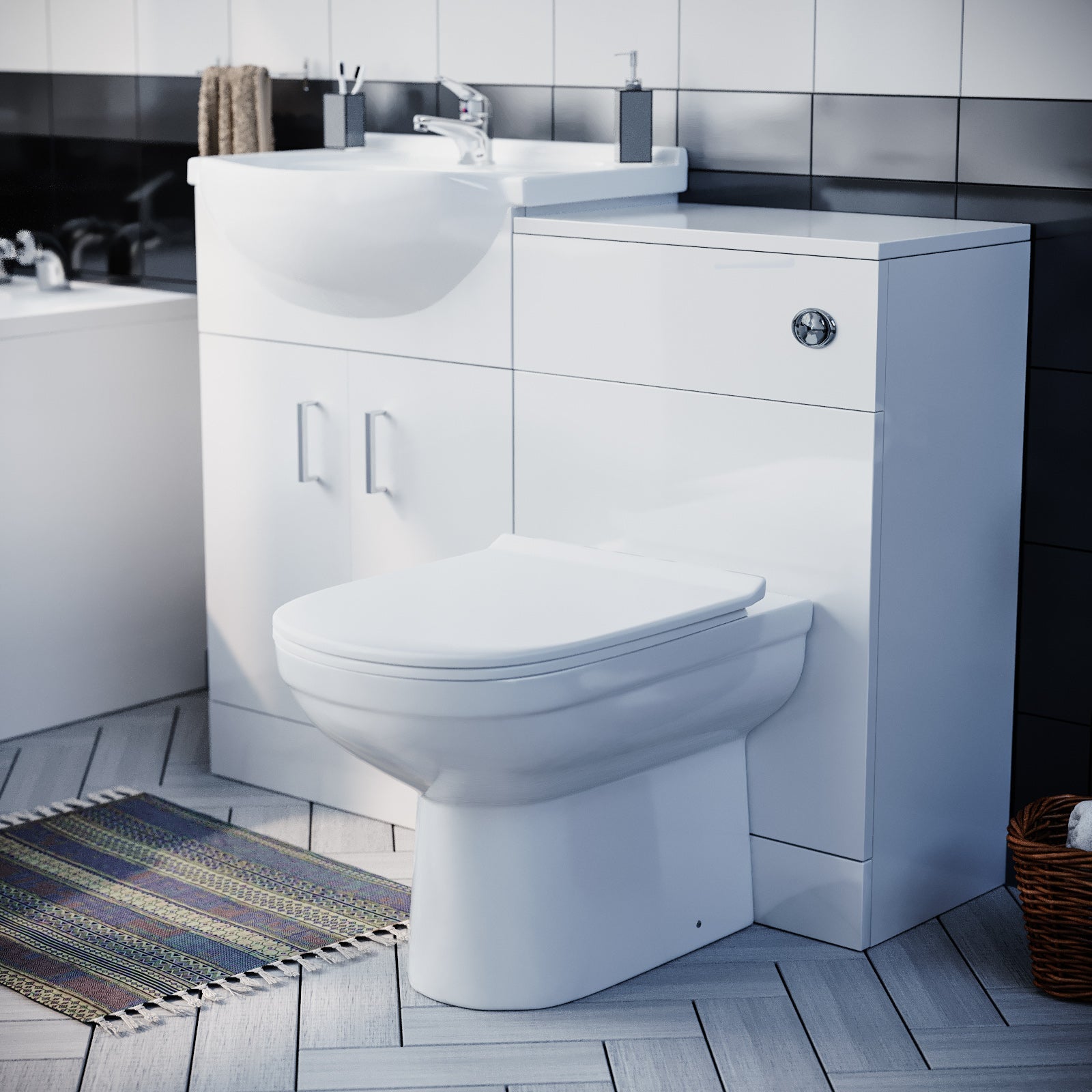 Ellen Suite, Bath, BTW Toilet, 550mm Basin Flat Pack Vanity Unit & WC Unit 3 Piece Bathroom Suite White