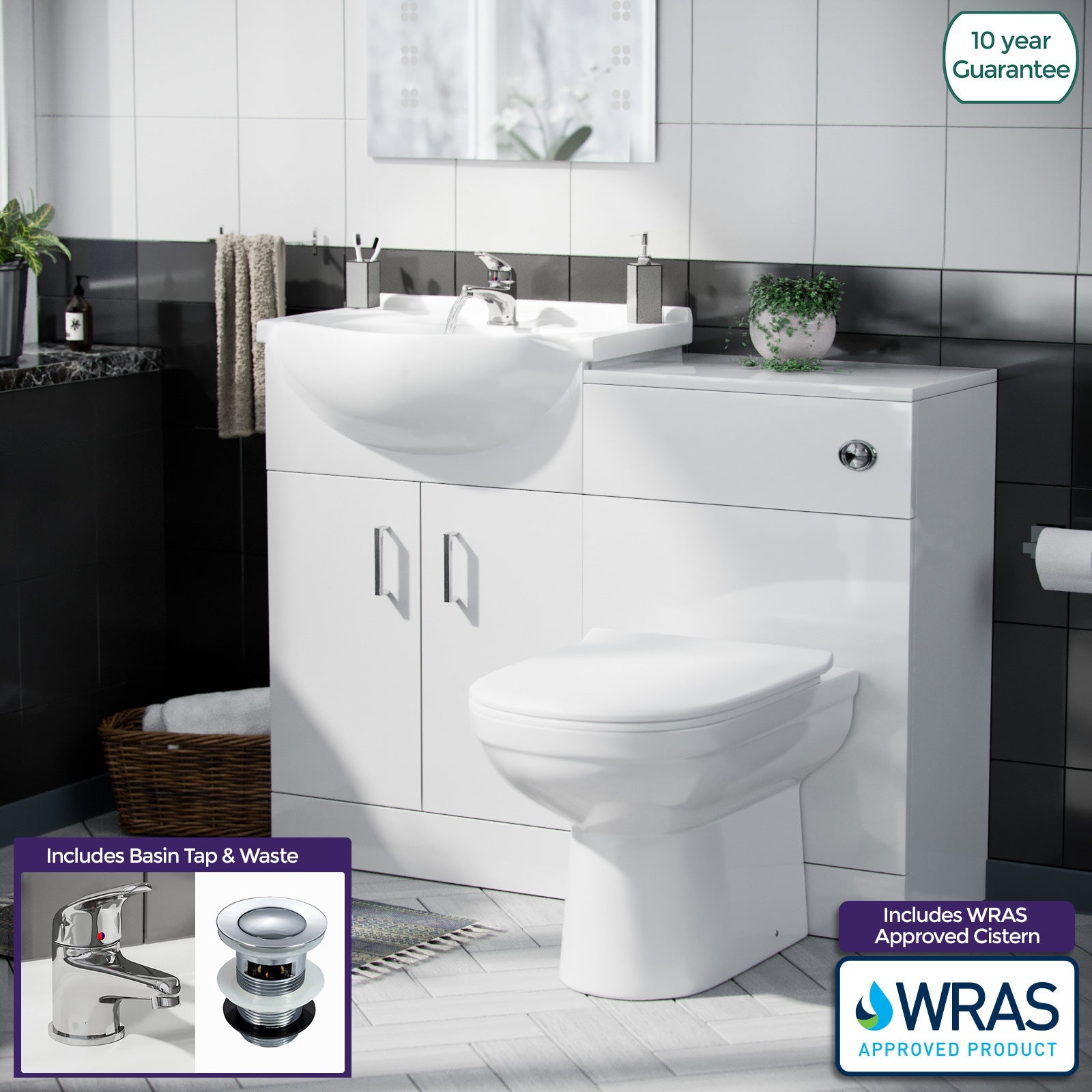 Ellen 550mm Flat Pack Vanity Basin Unit, WC Unit, Elso Back To Wall Toilet, Mono Mixer & White Waste