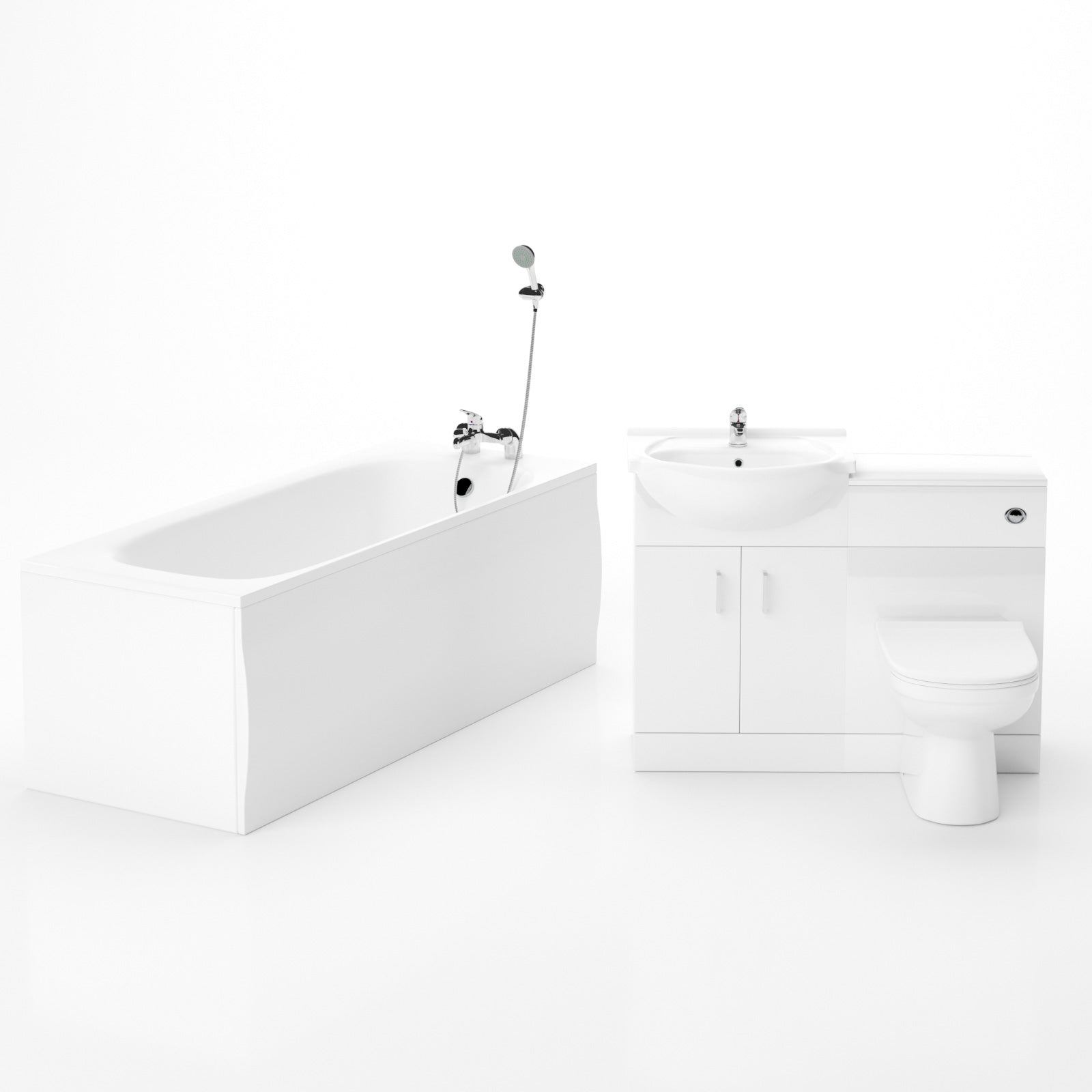 Ellen 1700mm Bath, WC Unit, Back To Wall Toilet, Vanity Basin Unit, Mono and Bath Mixer Taps & Wastes White