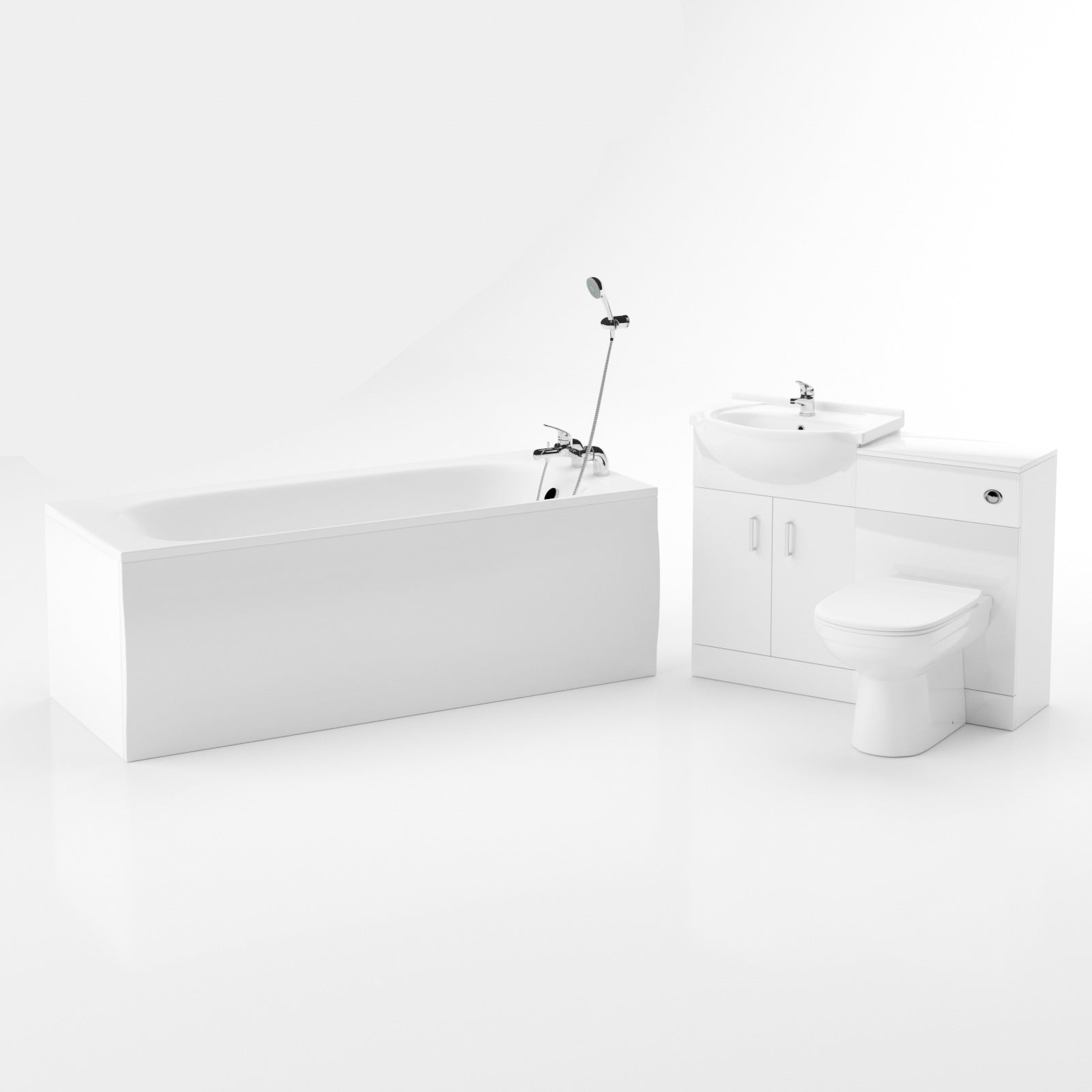 Ellen 1700mm Bath, WC Unit, Back To Wall Toilet, Vanity Basin Unit, Mono and Bath Mixer Taps & Wastes White
