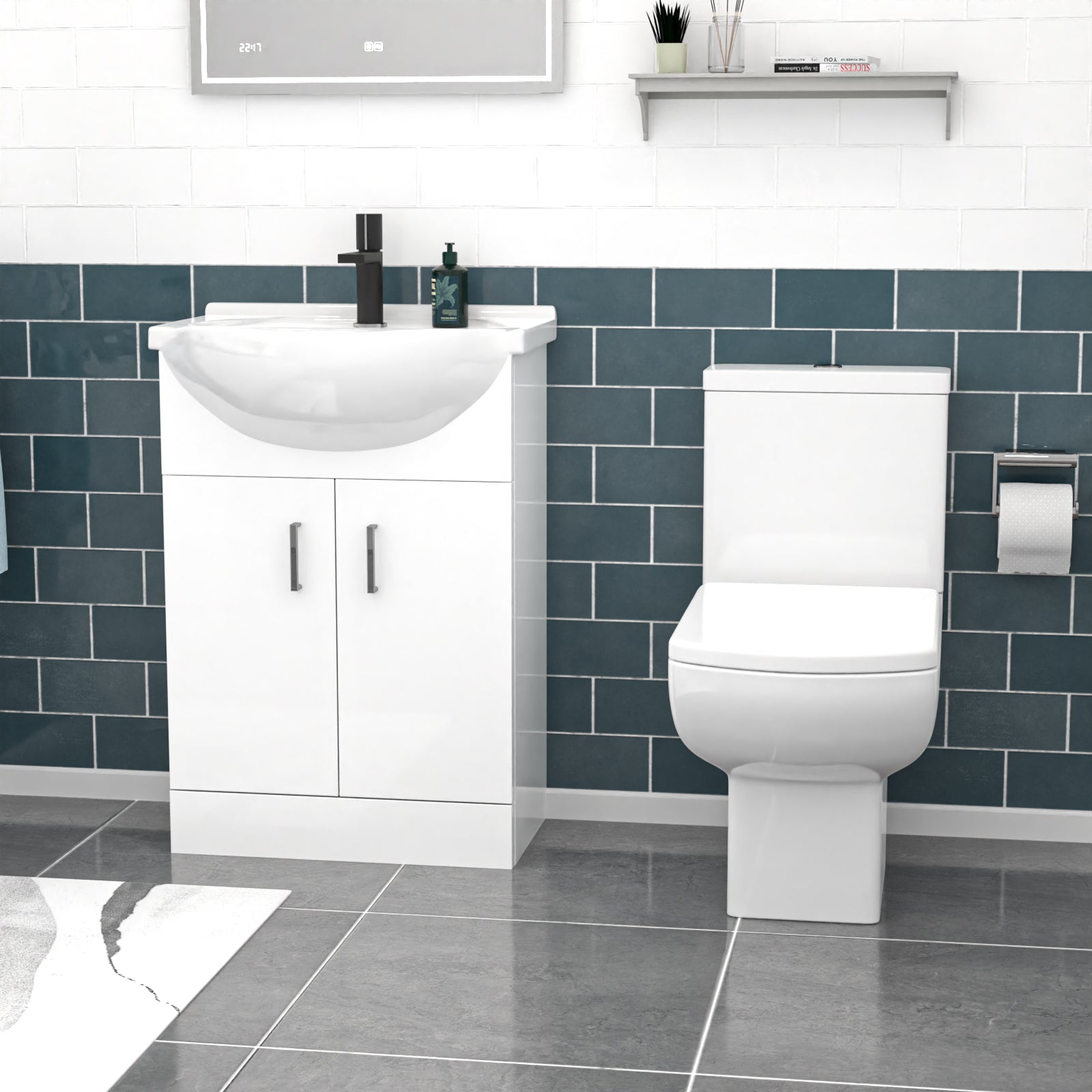 Ellen 550mm White Basin Vanity & Square Rimless Close Coupled Toilet