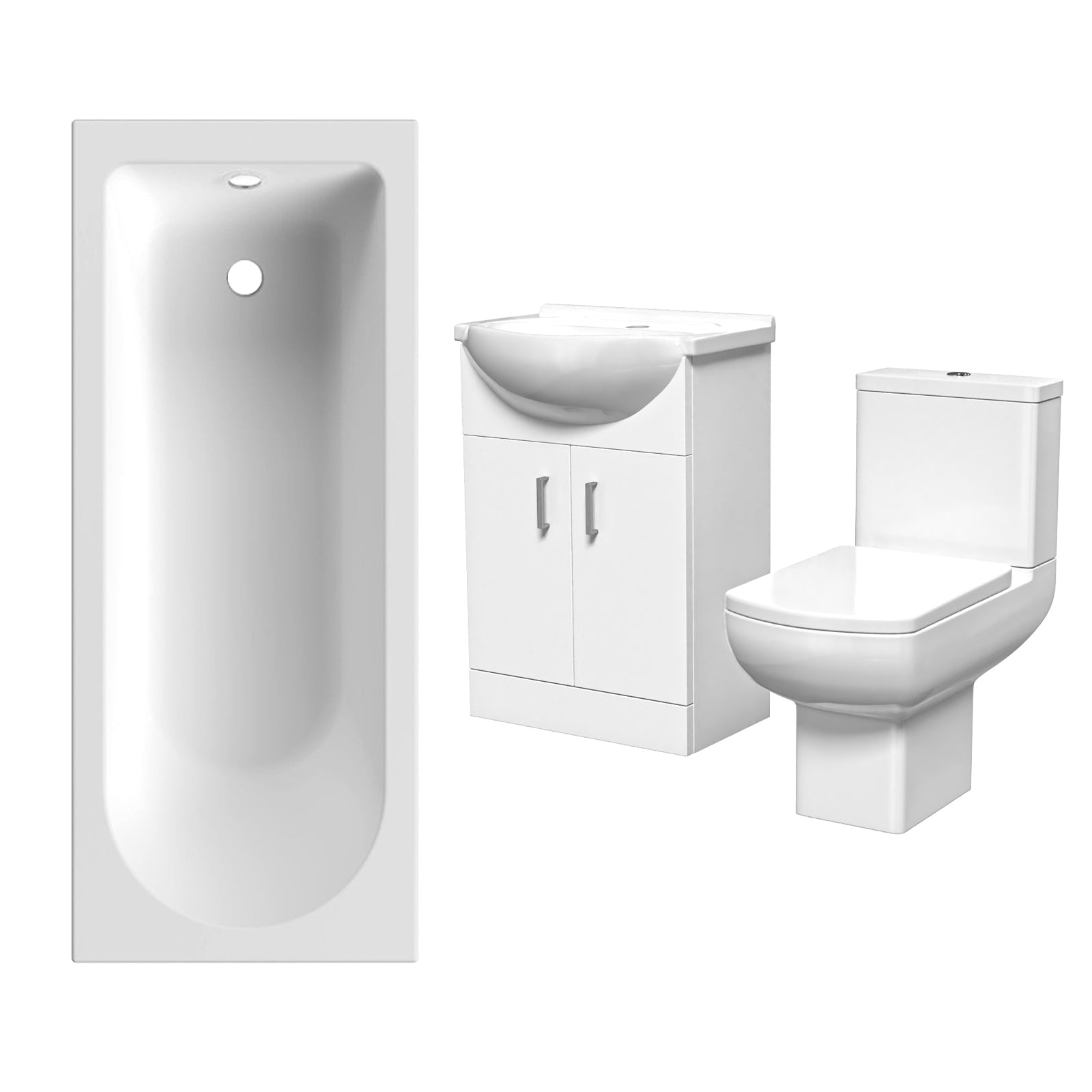 Bathroom set with bathtub, vanity unit, and toilet on a white background