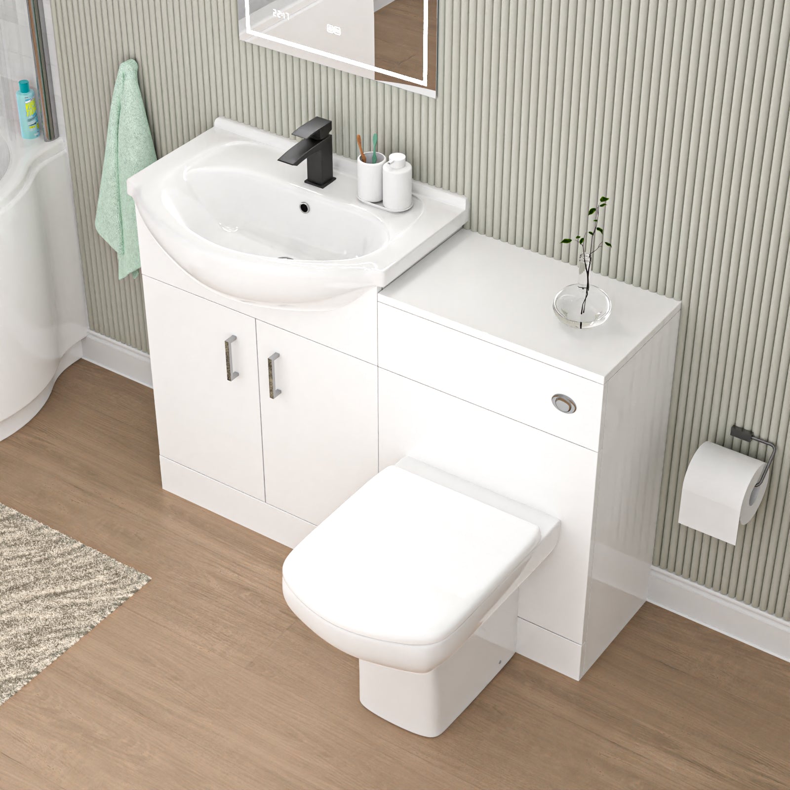 Ellen 1100mm White Basin Vanity, WC Unit & White Rimless BTW Toilet