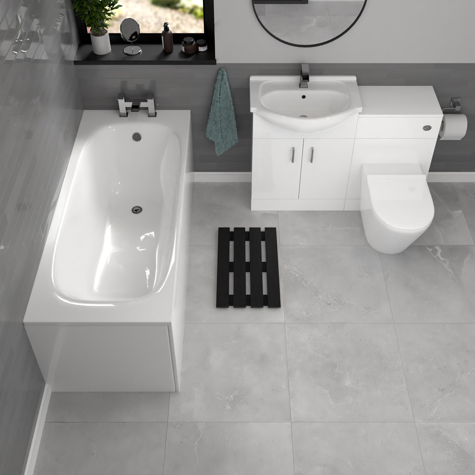 Ellen White Vanity Unit With Basin, WC Unit, Round BTW Toilet & 1700mm Bath